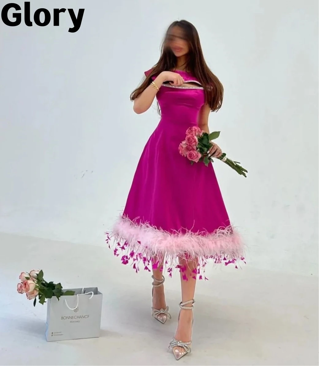 

Cut-Out A-Line Modern Prom Dresses 2023 Pink Feathers Sleeveless Glossy Arabia Women‘s Evening Dress Formal Occasion Dresses