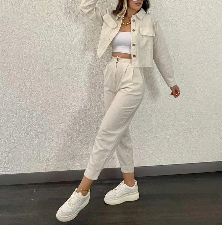 Women Clothing Set for Spring 2024 Latest Fresh Sweet Fashion Solid Color Pocket Long Sleeved Shirt Small Leg Cropped Pants Set mother jeans ripped jeans women straight loose loose new spring and summer high waist slim beggar woman in cropped jeans