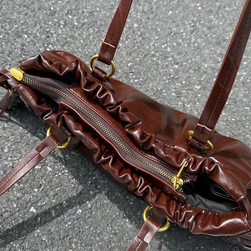 England Style Vintage Bags For Women Luxury Designer Handbags And Purses New In PU Oil Wax Leather Ruffle Underarm Shoulder