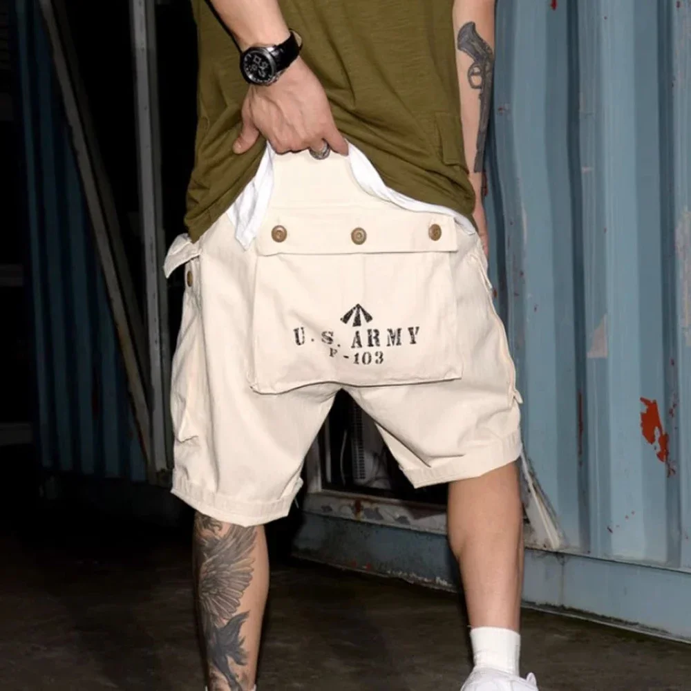 Mens Casual Shorts 2024 Summer American Street Style Khaki Loose Beach Shorts High Quality Charming Unique Letter Print Pants