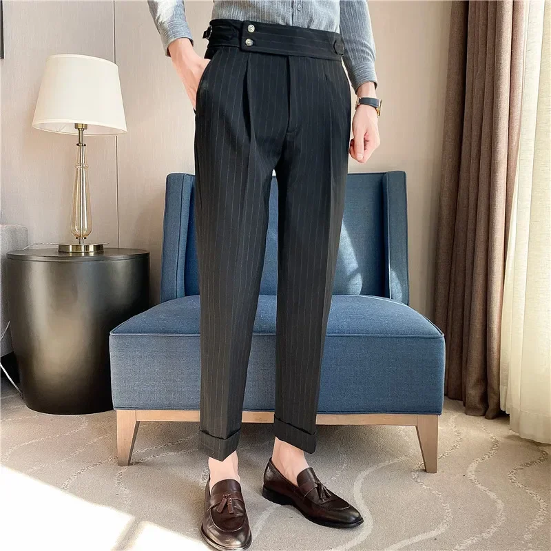 Mens Dress Suit Pants Striped Plaid British Style High Waist Casual Belt Design Slim Trousers Formal Office Social Wedding Party business pants,suit pants,men pants