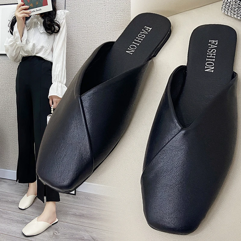 

Plus Size Women Mules 2023 Summer Elegant Square Closed Toe Flat Slippers Female Shoes Casual Leather Black White Slides Ladies