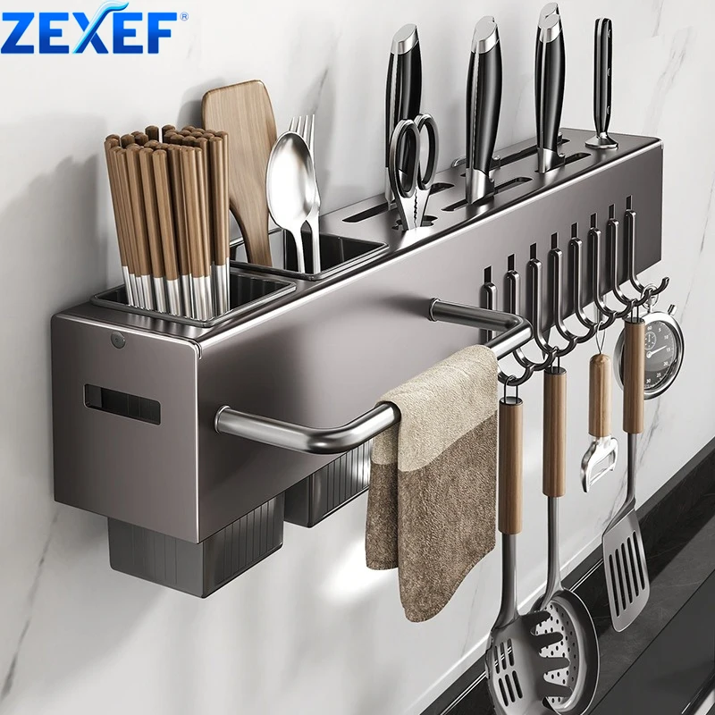 Household Organizer Rack 30/50cm Wall Mounted Knife Holder Kitchen Storage Shelving Units Tableware Shelf Towel Hanger