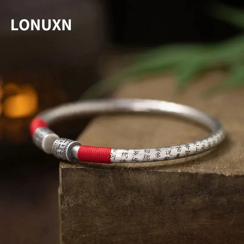 

High Quality 999 Sterling Silver Engrave Bracelet & Bangle Heart Sutra Letter Women Men Jewelry Pure Handmade Red Rope Weaving