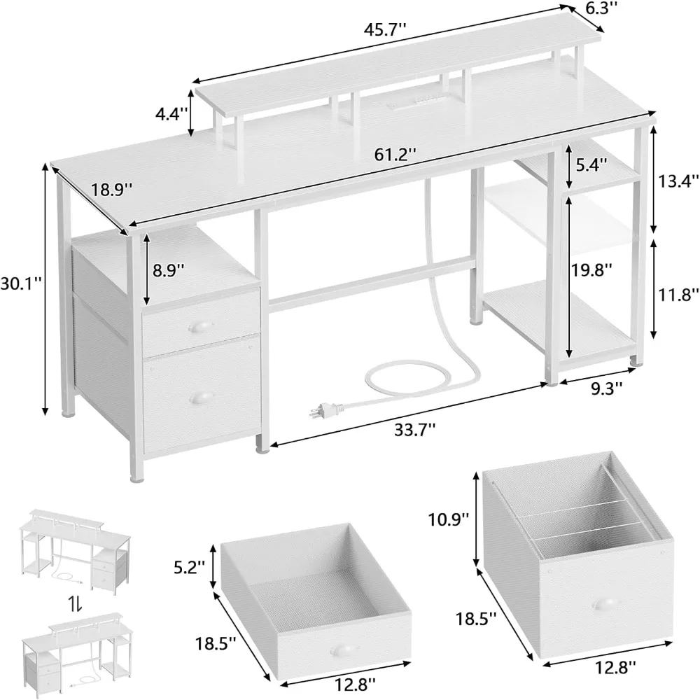 61" Desk with LED Light & Power Outlets, Reversible Computer Table with File Cabinet & Drawer, White Gaming Desk Writing Table
