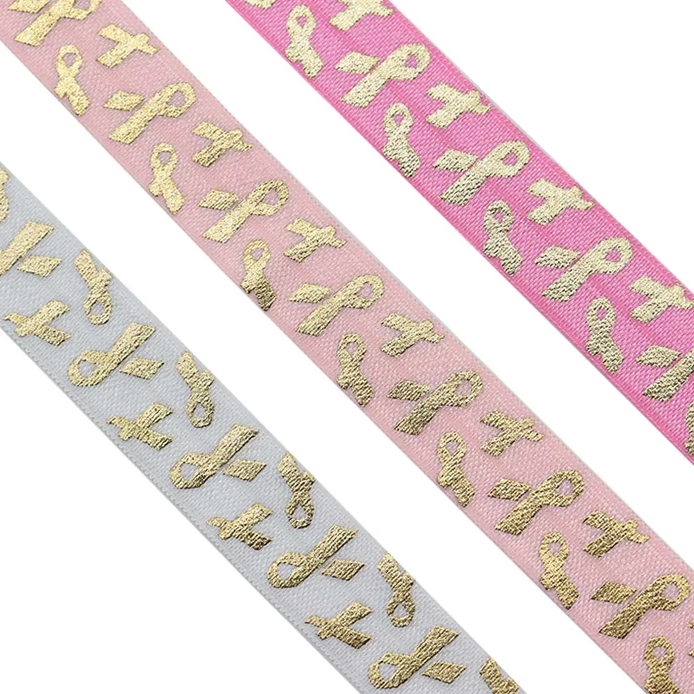 Description Picture 4 of item5/8" 15mm Gold Foil AIDS Breast Cancer Awareness Print FOE Band Spandex Fold Over Elastic For Bracelet Hair Tie Sewing Trim