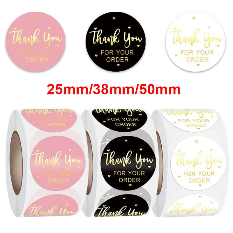 100/500pcs Gold Foil Thank You for Your Order Stickers for shop Business Package Decoration Sealing Stickers Pink/Black/White