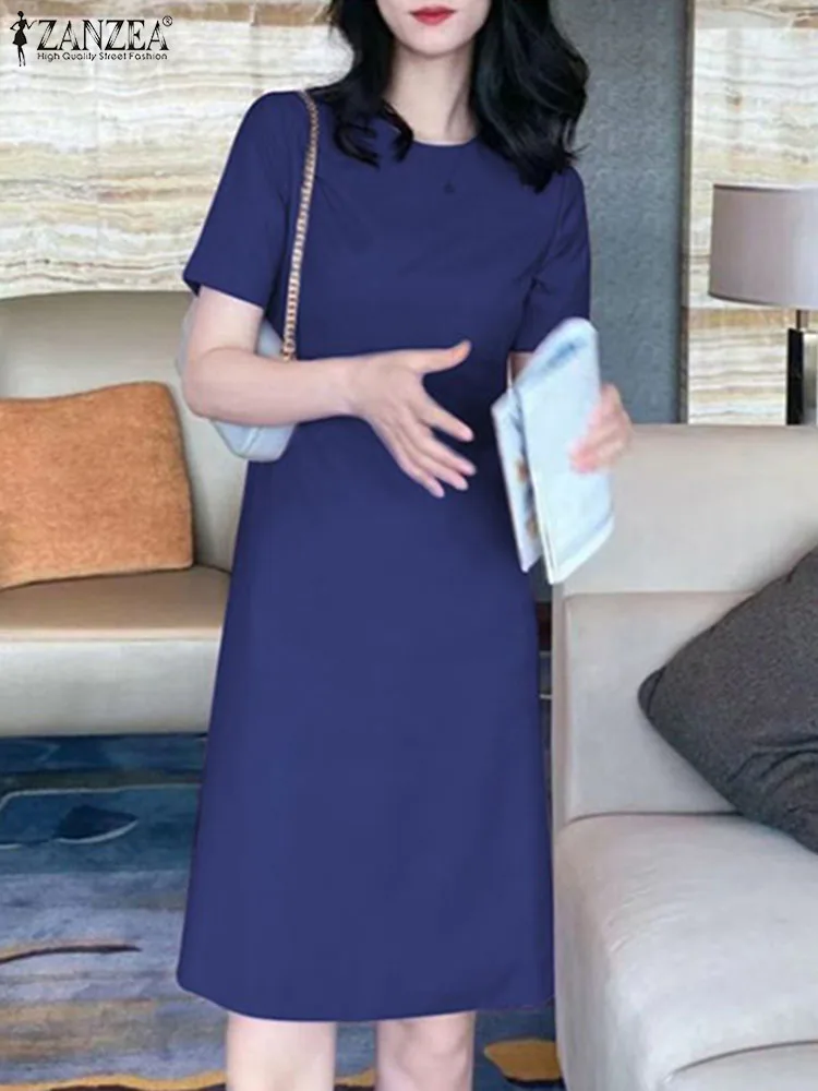 

Модель 2024 года, элегантный женский летний сарафан ZANZEA, офисное платье с коротким рукавом, однотонный халат, повседневные платья с круглым вырезом, кафтан оверсайз
