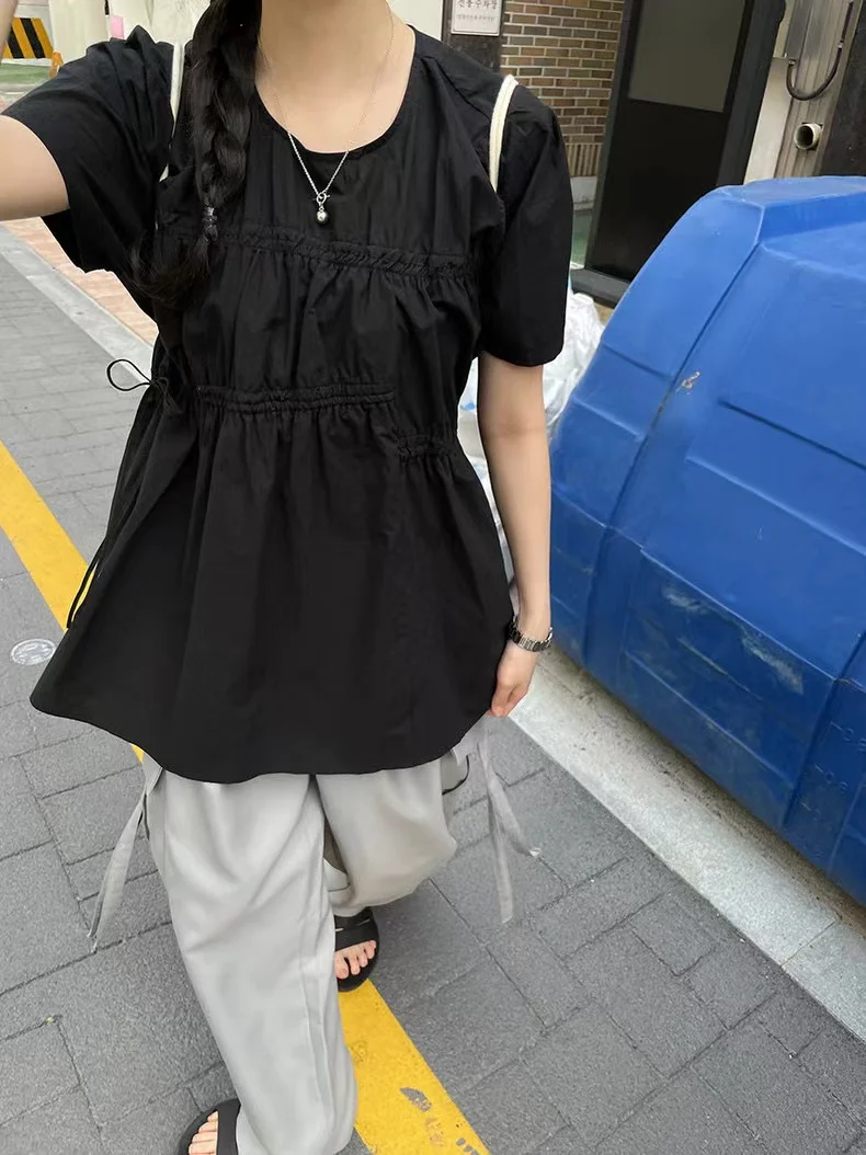French Chic Irregular T Shirt Women Korean Ins Short Sleeve Drawstring Lace Up Long Shirts Top Summer Loose Age-Reducing Clothes