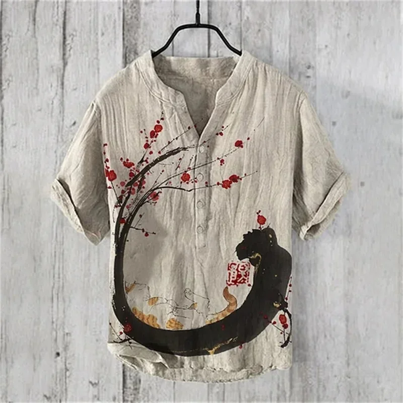Men Summer V-neck Short Sleeve T-shirt Casual Print Linen Blended Shirt