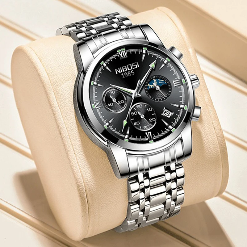 NIBOSI Mens Watches  Top Brand Luxury Multifunction Chronograph Quartz Watch for Men Stainless Steel Waterproof Date Sport Clock