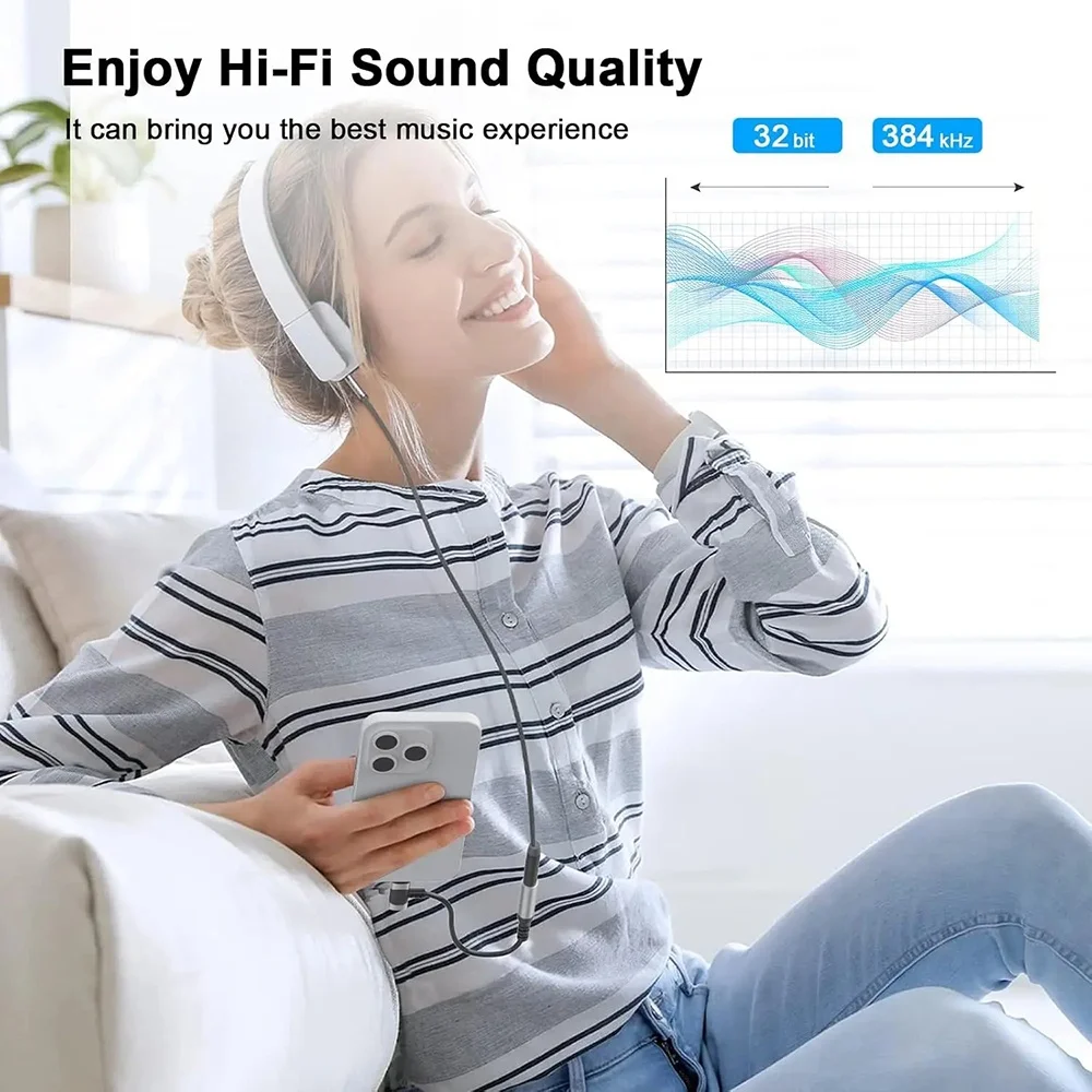 USB C to 3.5mm earphones and charger adapter 2-in-1 C-type to Aux microphone jack, with PD 100W fast charging encryption dongle.