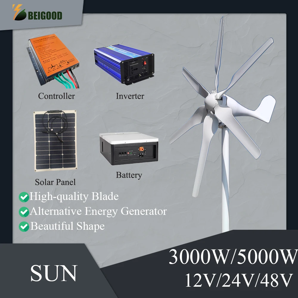 

Wind Turbine Generator 3000W 5000W 12V 24V 48V 6 Blades With MPPT Controller System Portable Windmills Renewable Energy