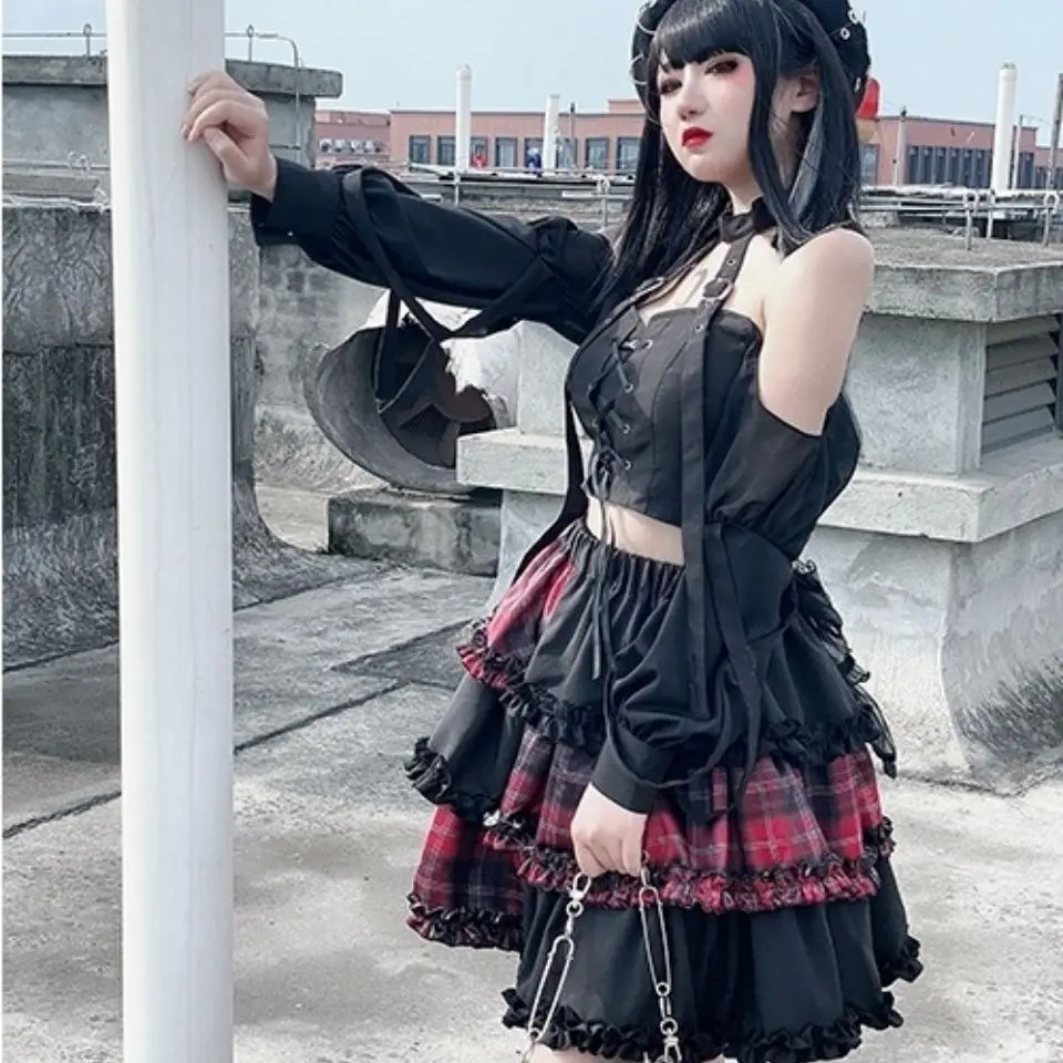 Gonna Harajuku Pettiscoat Scuro Bidimensionale Cosplay Red Plaid Stitching Vita Alta A-Line Punk Spice Girl Rock Skirt