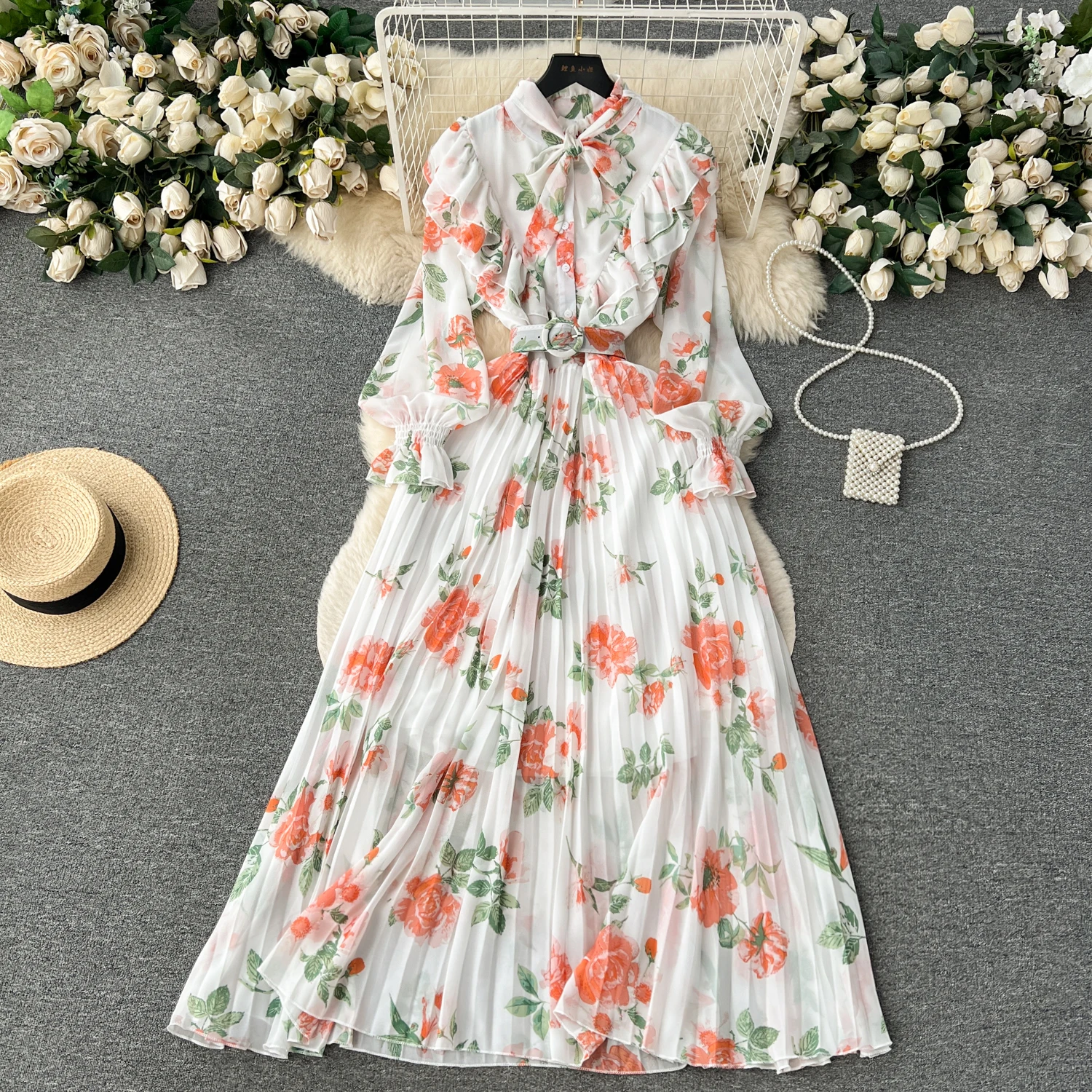 Spring Autumn Women Floral Print Chiffon Long Dress Elegant
