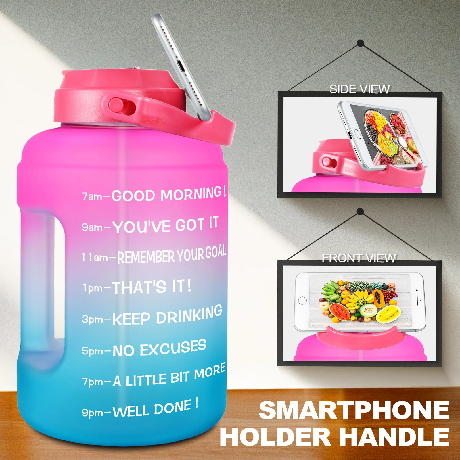 QuiFit 2.5L 3.78L Wide Mouth Gallon Motivational Water Bottle With Straw BPA Free Sport Fitness Tourism GYM Travel Times Jug
