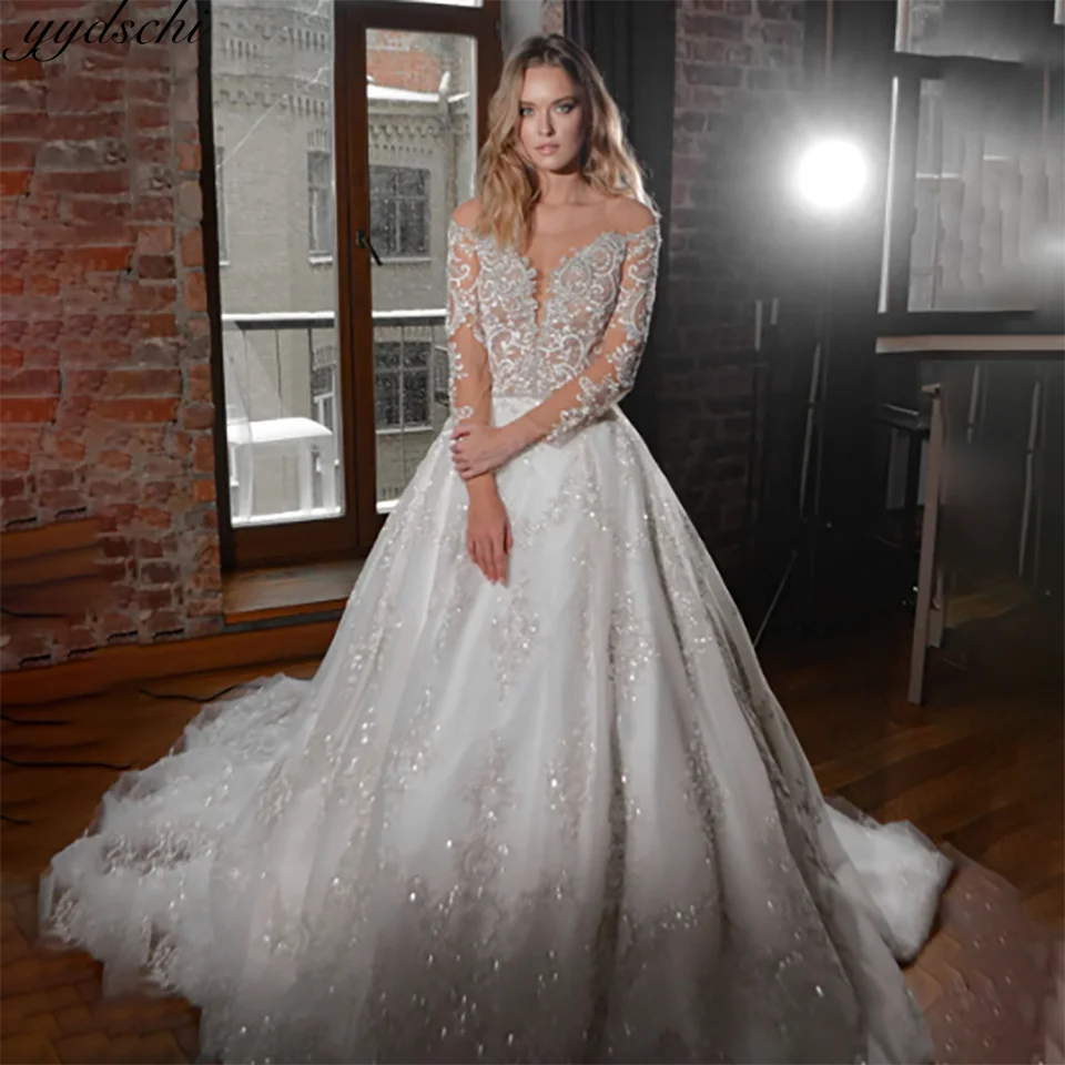 

Luxurious Lace Appliques Beaded Sequin Sweetheart Ball Gown Wedding Dresses 2024 With Court Train Tulle Bridal Gown For Women