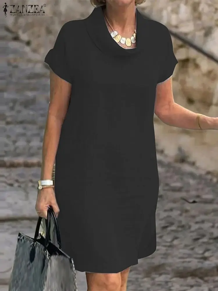 

Fashion Summer Dress ZANZEA Women Elegant Party Work Sundress Short Sleeve O-Neck Party Vestidos Solid Knee Length Robe Femme