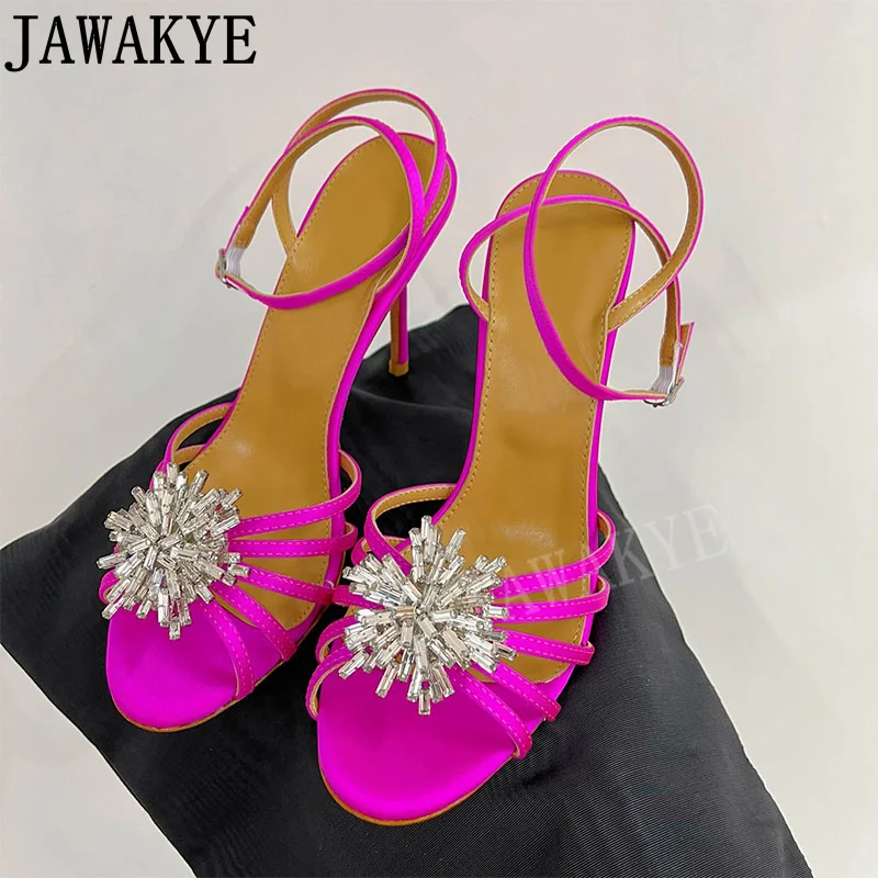 

JAWAKYE High Heel Sandals Silver Heel Party Shoes Women Crystal Flower Sandals Formal Ladies Evening Dress Shoes