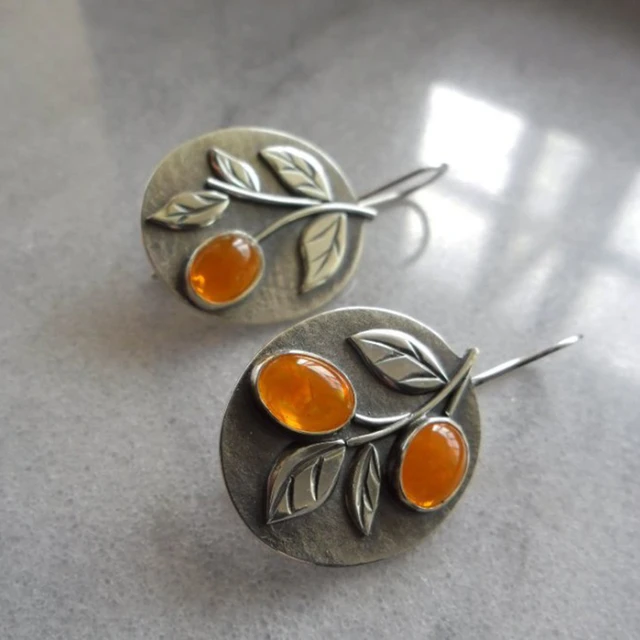  Vintage Plant Leaf Rose Flower Earrings Ethnic Antique Silver Color  Blossom Round Stone Earring Women New : Clothing, Shoes & Jewelry