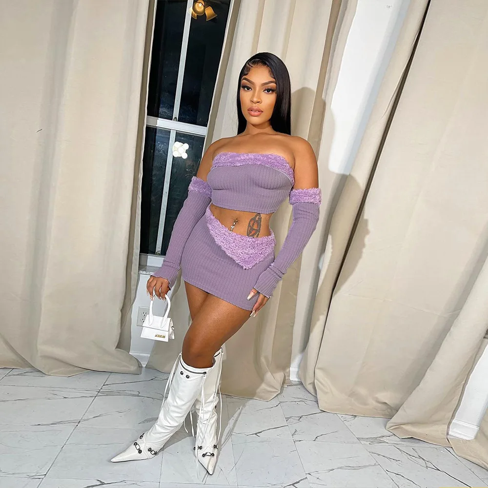 Fur Knitted Dress 2 Piece Skirt Sets 2023 Winter Fall Sexy Y2K Club Dresses Elegant Crop Tops Crocheted Two Piece Sets Outfit