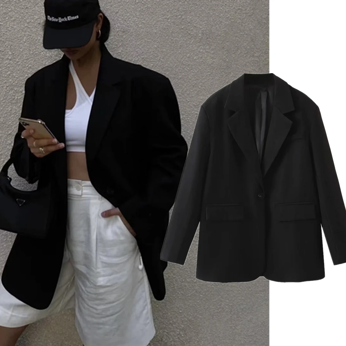 

Jenny&Dave Minimalism Black Blazers Vintage Blazers Women Loose Suits Tops Jacket Women