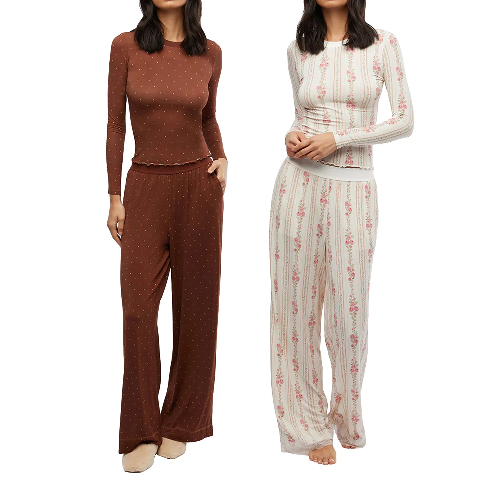 

Lairauiy Women's Y2K Retro Vintage 2Pcs Pajamas Set Outfits Mini Dot/Floral Print Long Sleeve Tops +Long Pants Loungewear Suit