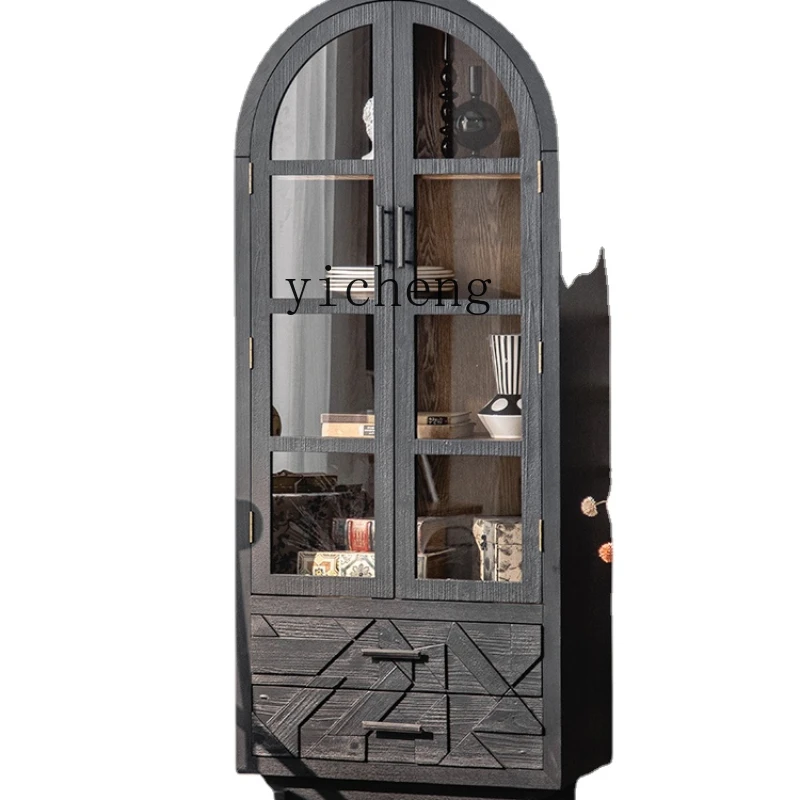

Zk Black Wine Cabinet Arch Bookcase with Glass Door Solid Wood Household Sideboard Cabinet