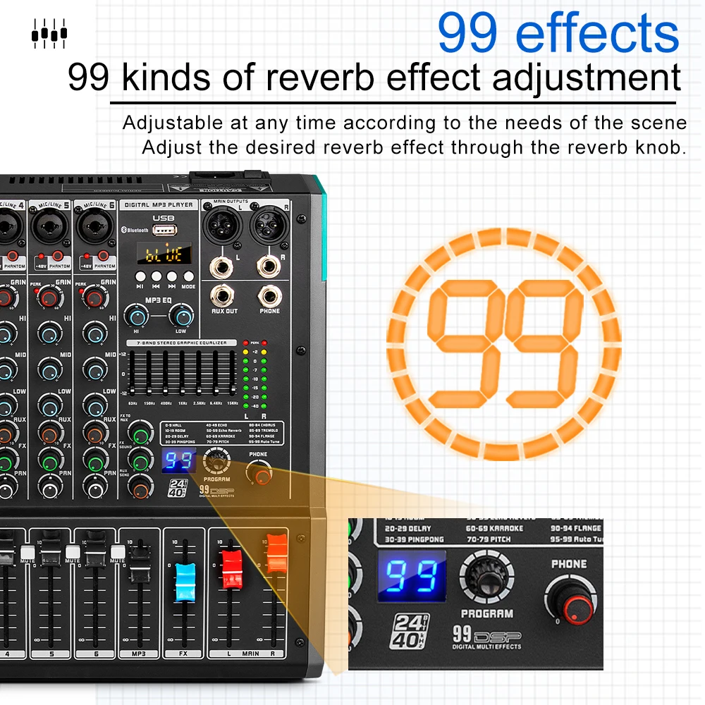 PA6 6 Channel Sound Mixer Audio Mixing Console 48V Professional USB PC Play Record Podcast Live Broadcast