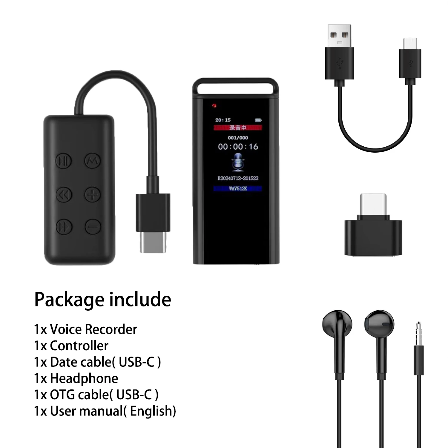 USB C dijital ses kaydedici paket içeriği