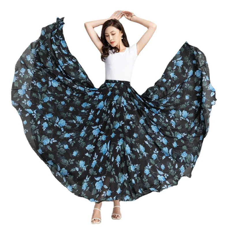 ottoman style vintage faucet made of brass Custom made Flower print chiffon long skirt Full linning Female Vintage Elegant Maxi Skirts pleated Skirt Plus size