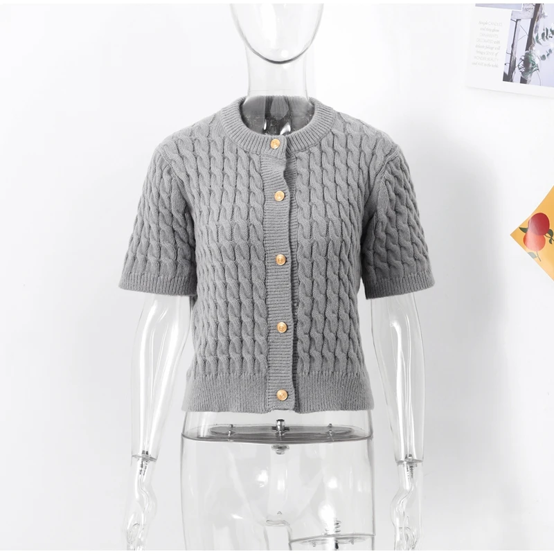 Knitted Single Breasted Cardigans Women Solid O-neck Short Sleeve Ribbed Sweaters Female Fashion New Slim Ladies Casual Top