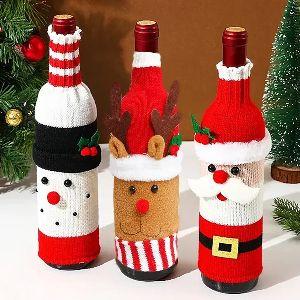 Wine Bottle Cover Christmas Set Santa Snowman Woven Bags for Christmas Party Dinner Table Decorations New Year Gifts