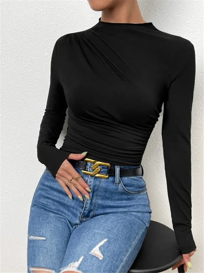 Solid Casual Pleated T-shirt For Women Patchwork Long Sleeve High Waist Inner Ruffled Crop top Ladies Vintage Y2k Top Tee