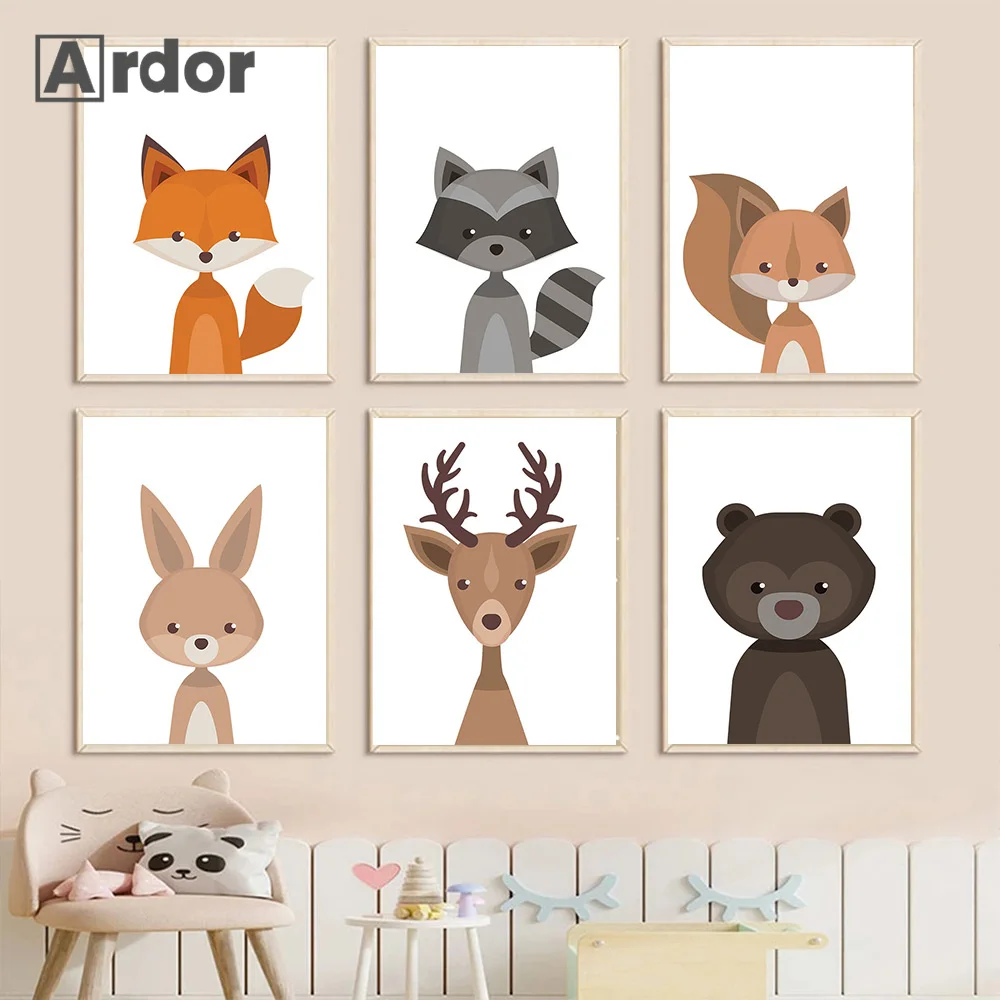 Nordic Cartoon Poster Small Animals Fox Bear Deer Rabbit Wall Art Print Canvas Painting Nursery Pictures Baby Kids Room Decor sun rainbow sunshine watercolor poster nursery wall art print abstract canvas painting nordic child picture baby kids room decor