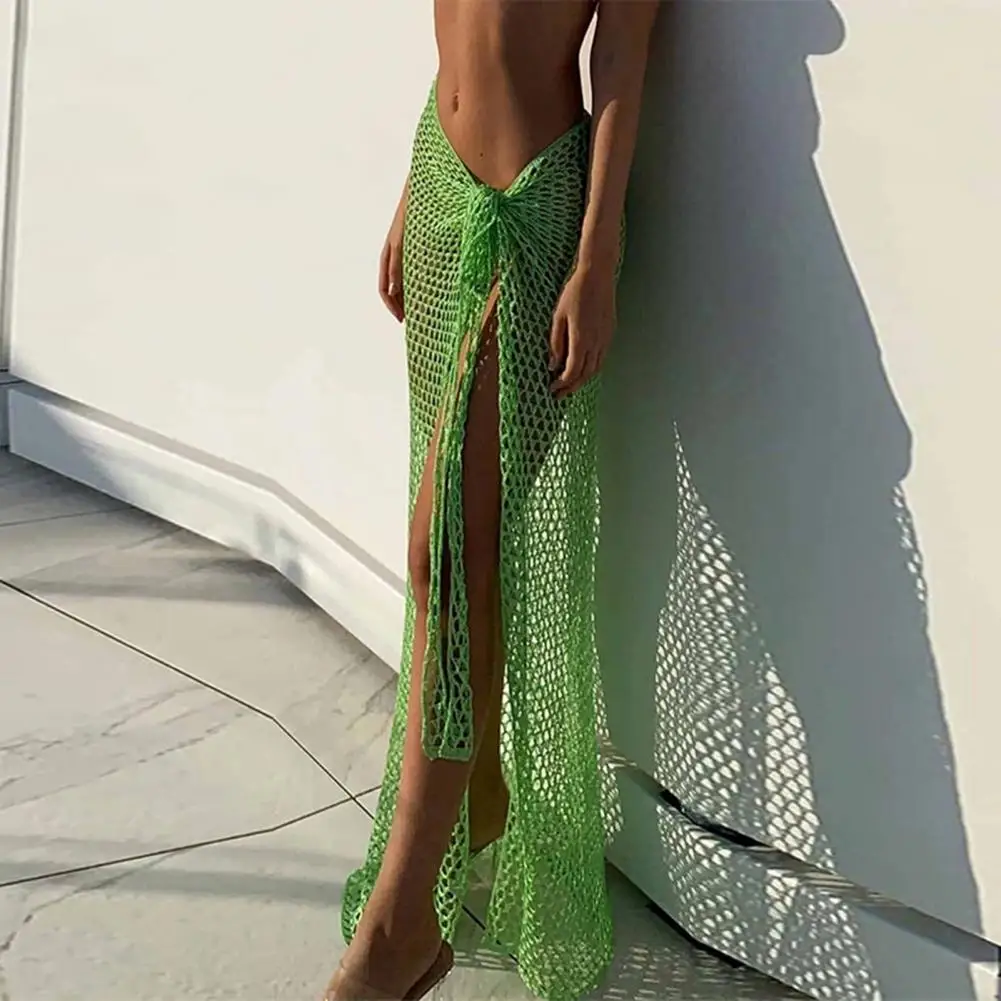 

Summer Beach Skirt Fishnet Maxi Women Skirts Bandage See through Lace Up Knitted Long Bodycon Skirt Pencil Boho faldas