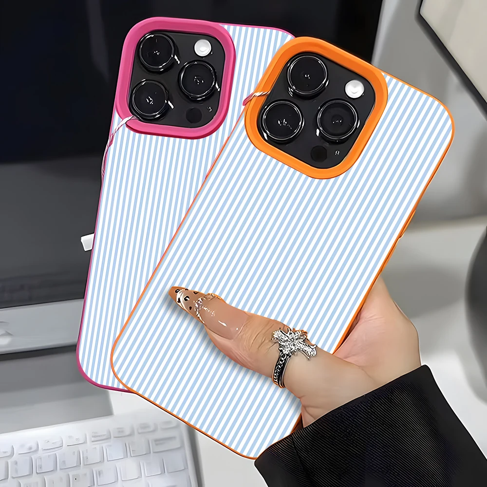 Light Blue Stripe Pattern Lychee Soft Phone Case Cover