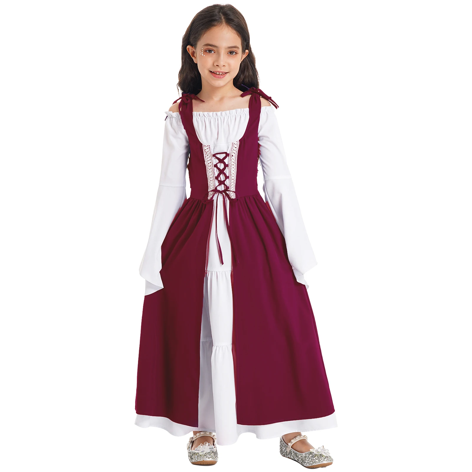 

Kids Girls Gothic Medieval Renaissance Cosplay Fancy Dress up Costumes Square Neck Long Flare Sleeve Lace-up Vintage Gown Dress