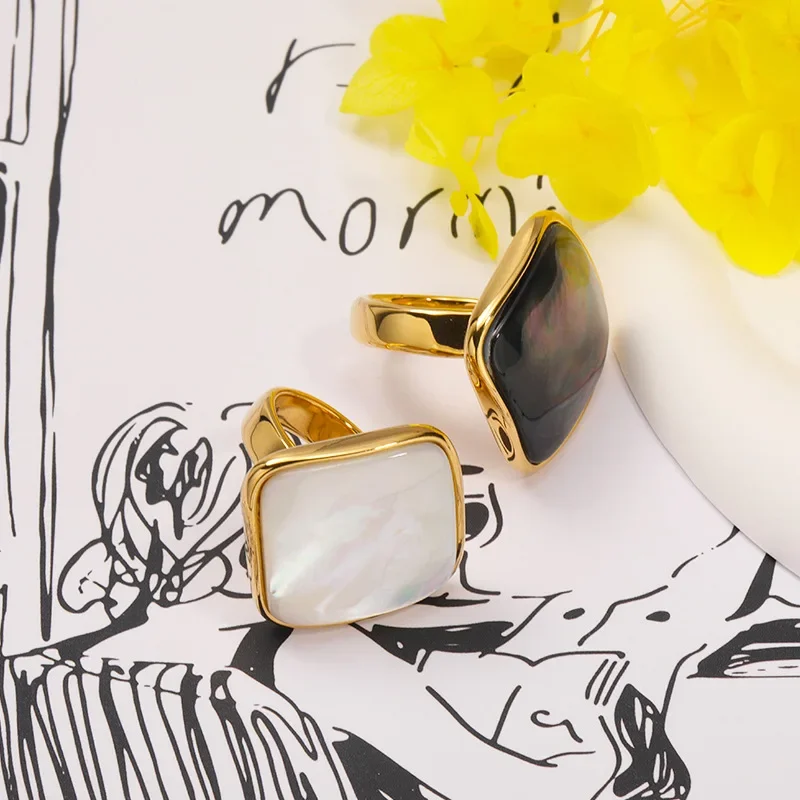 Exaggerate Oversize Real Natural Abalone Shell Rings for Women Stainless Steel Gold Plated Opal Finger Ring Punk Jewelry Gifts