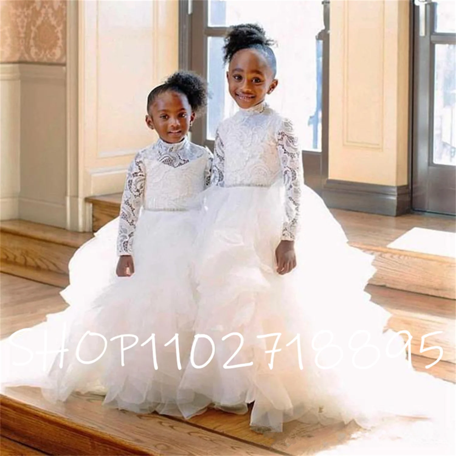 

High Neck Lace Flower Girl Dresses With Crystal Sash Long Sleeves Toddler Wedding Gowns Lace And Tulle Tiered Pageant Skirts