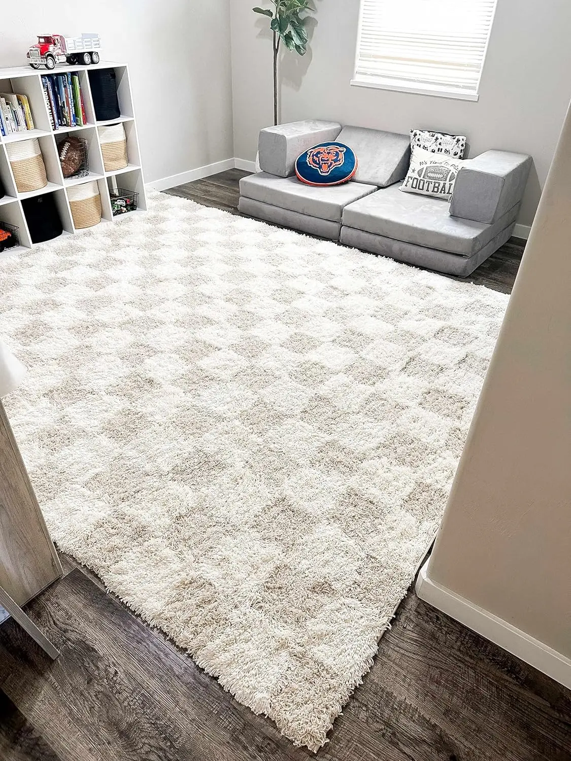 

Checkered Shag Area Rug-High Pile Fluffy Shaggy Touch-Square Tiles-Kids Room,Living Room Shaggy Carpet-7'10" X 10'3"