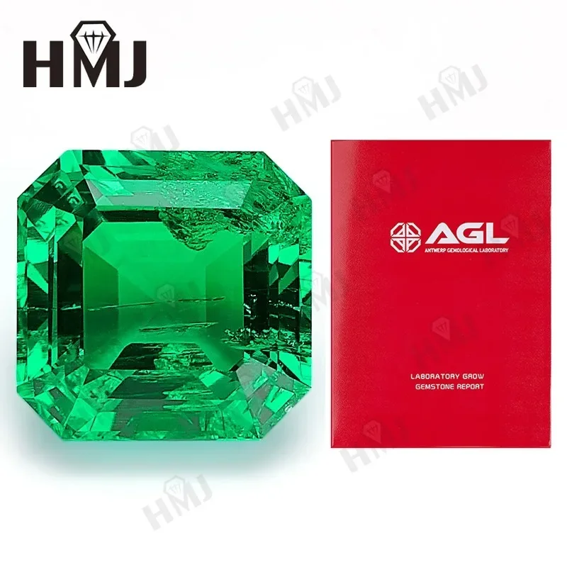 Hydrothermal Lab Grown Colombia Emeralds Square Asscher Hand Cutting with Cracks Inclusions Inside Selectable AGL Certificate