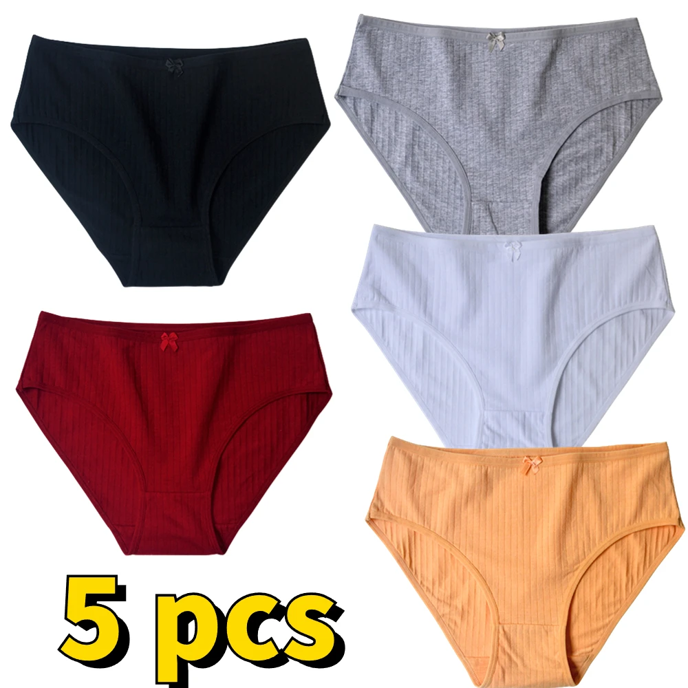 

L XL XXL Plus Size Women Cotton Panties Brief 3/5Pcs Lots Solid With Bow Black Female Underwear Sexy Lingerie Breathable Panties