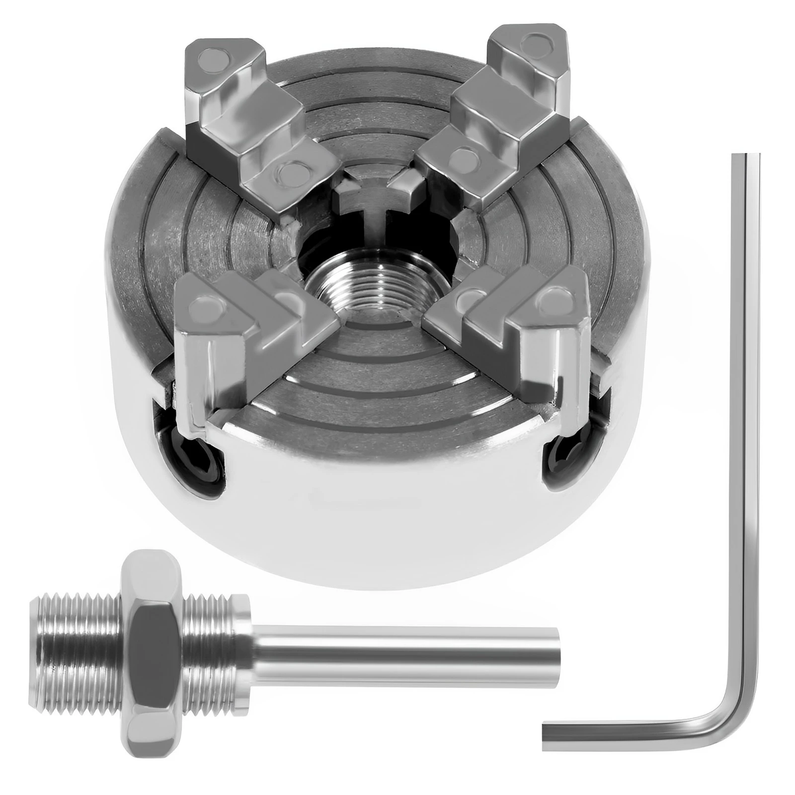 

4-Jaw Lathe Chuck Kit Zinc Alloy Self-Centering Wood Lathe Chuck with Wrench and Connecting Rod Sturdy Mini Metal Lathe Chuck