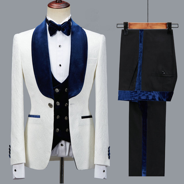 Floral Jacket Men Suit Slim Fit Wedding Tuxedo Navy Blue Velvet Lapel Groom Party Suits Costume Homme Best Man Blazer - as picture2, 5XL
