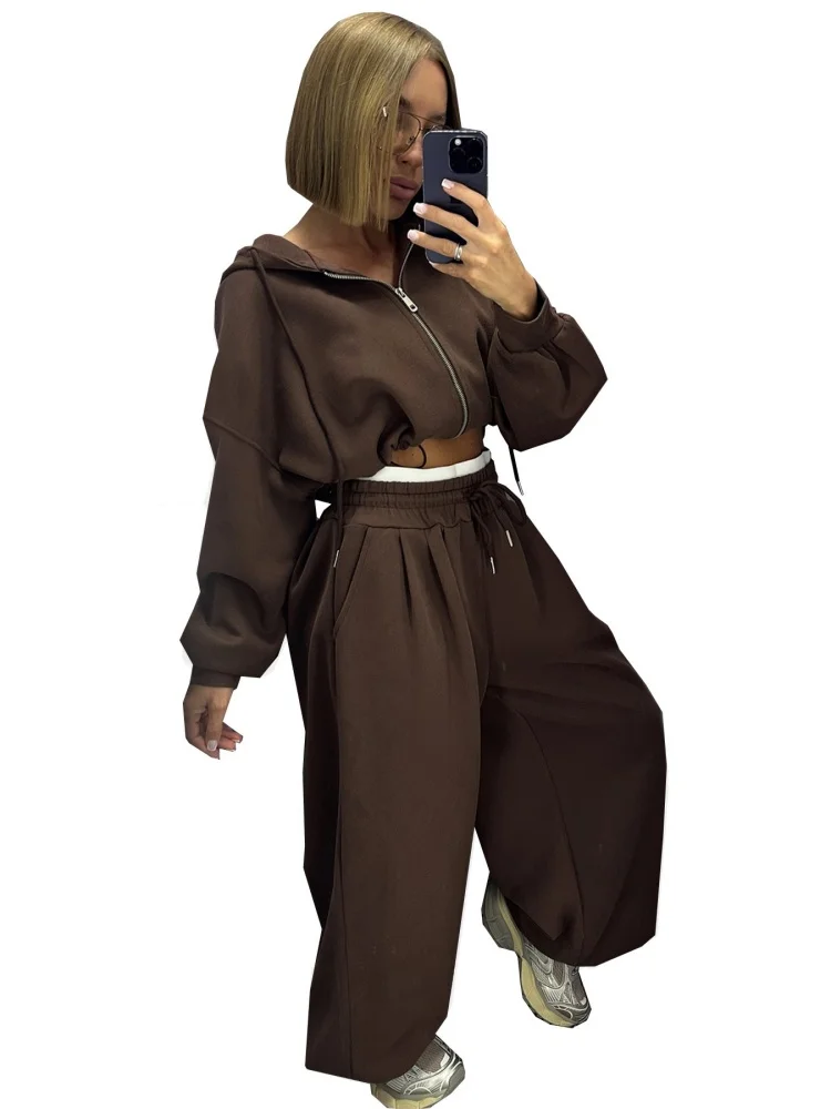 Wmstar Two Piece Set Women Wholesale Woman Fashion Casual Loose Zipper Short Sweatshirt High Waisted Wide Leg Long Pants Sport