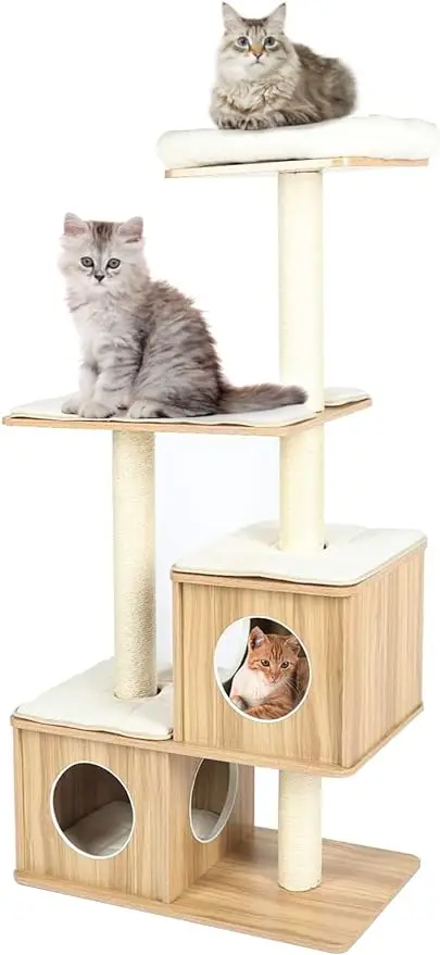 

Arlopu Modern Wooden Cat Tree Tower, Large Cat Condo Furniture with Multi-Layer Platform, 55.6" Tall Cat Climbing Stand House wi