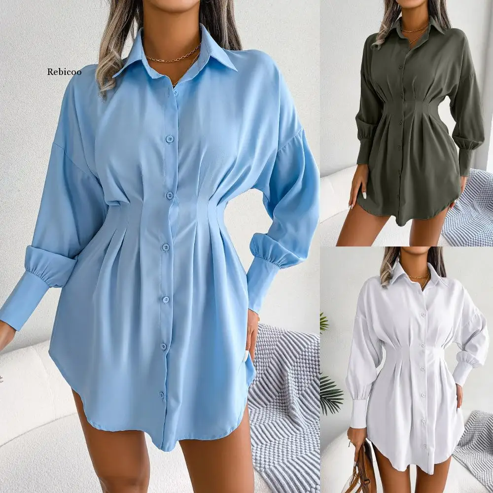 

Women Casual Shirts Dress Turn-down Collar Lantern Sleeve Button Slim Waist Dresses Vintage Elegant Dress Outfits