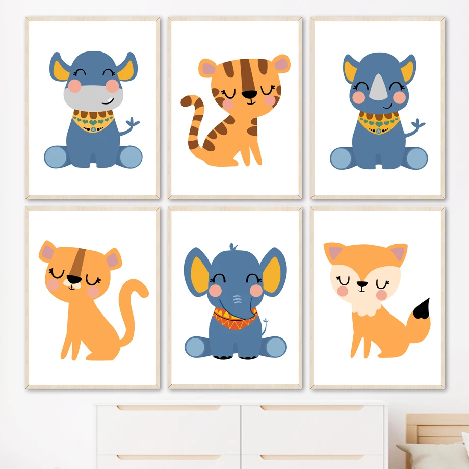 

Cartoon Elephant Lion Tiger Fox Hippo Rhino Wall Art Posters Prints Nordic Canvas Painting Animals Pictures Kids Room Home Decor