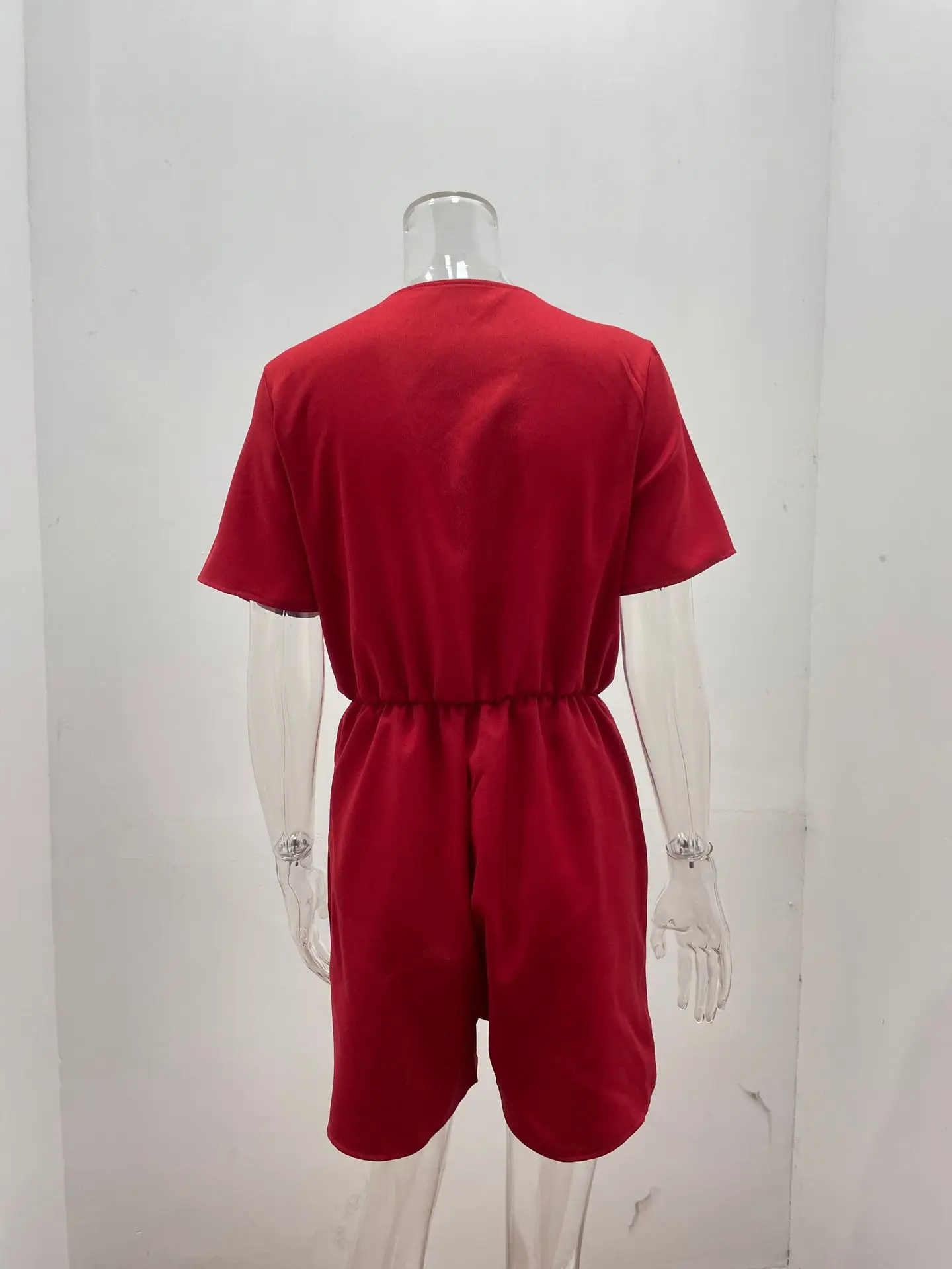 Women's Jumpsuit Shorts 2023 Summer New Casual Jumpsuit Shorts Solid Color V-neck Lace-up Loose Short-sleeved Jumpsuit